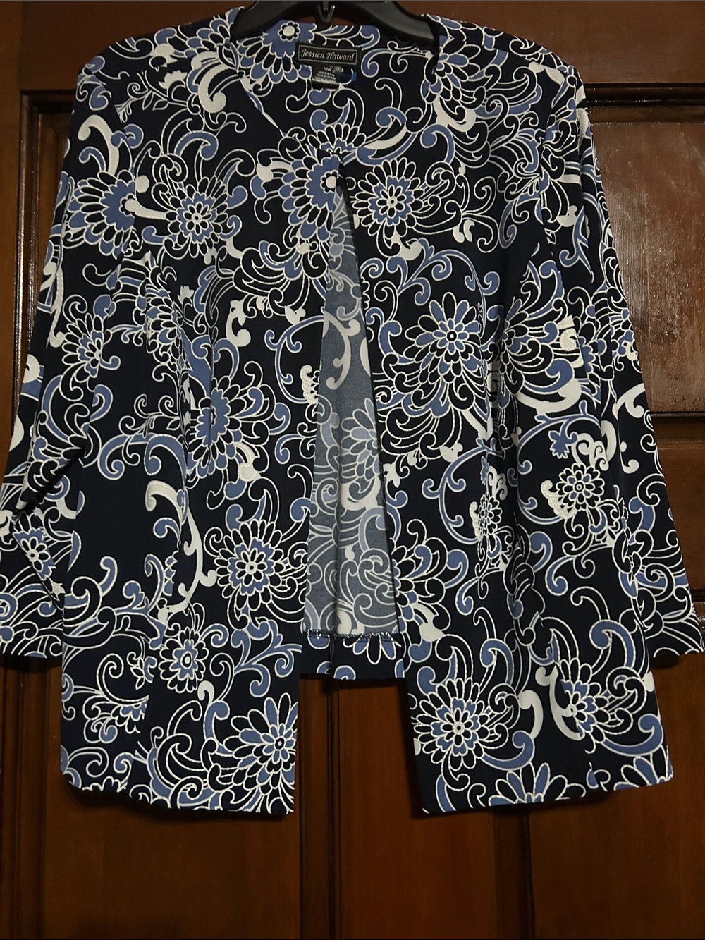 Jessica Howard Navy Blue and White Floral Open-Front Jacket